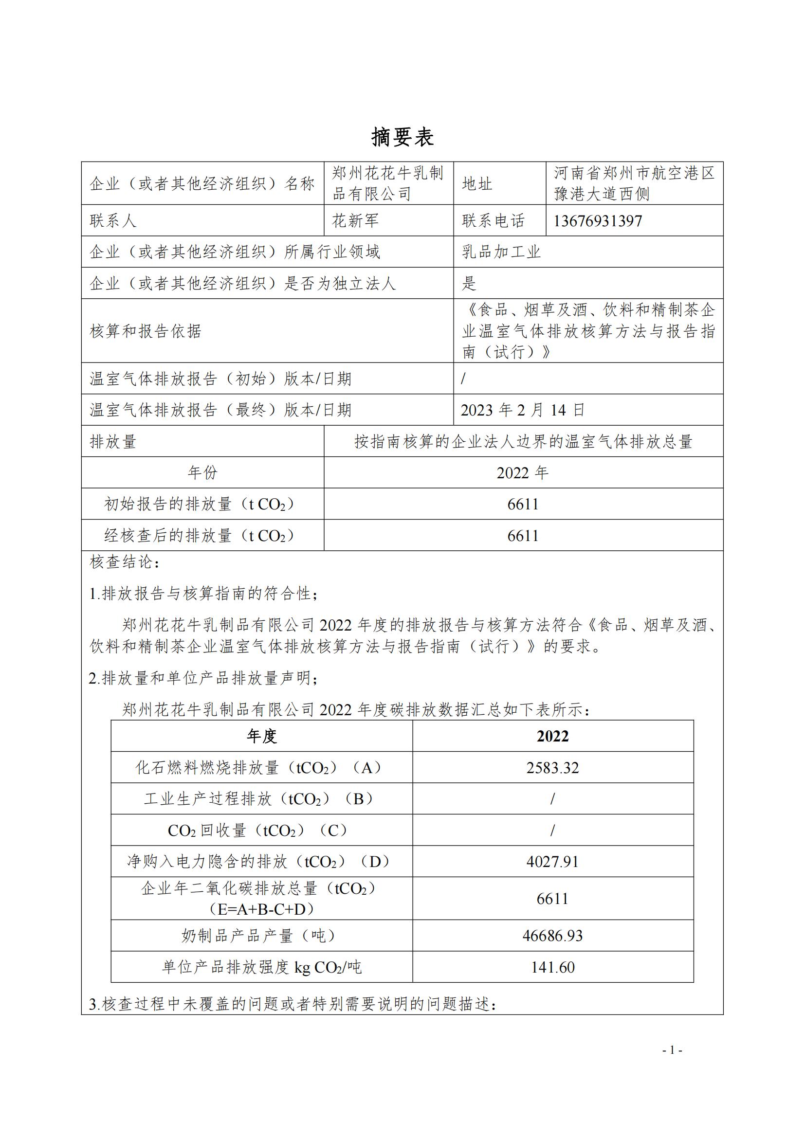 《郑州花花牛乳制品有限公司2022年度温室气体排放核查报告》公示