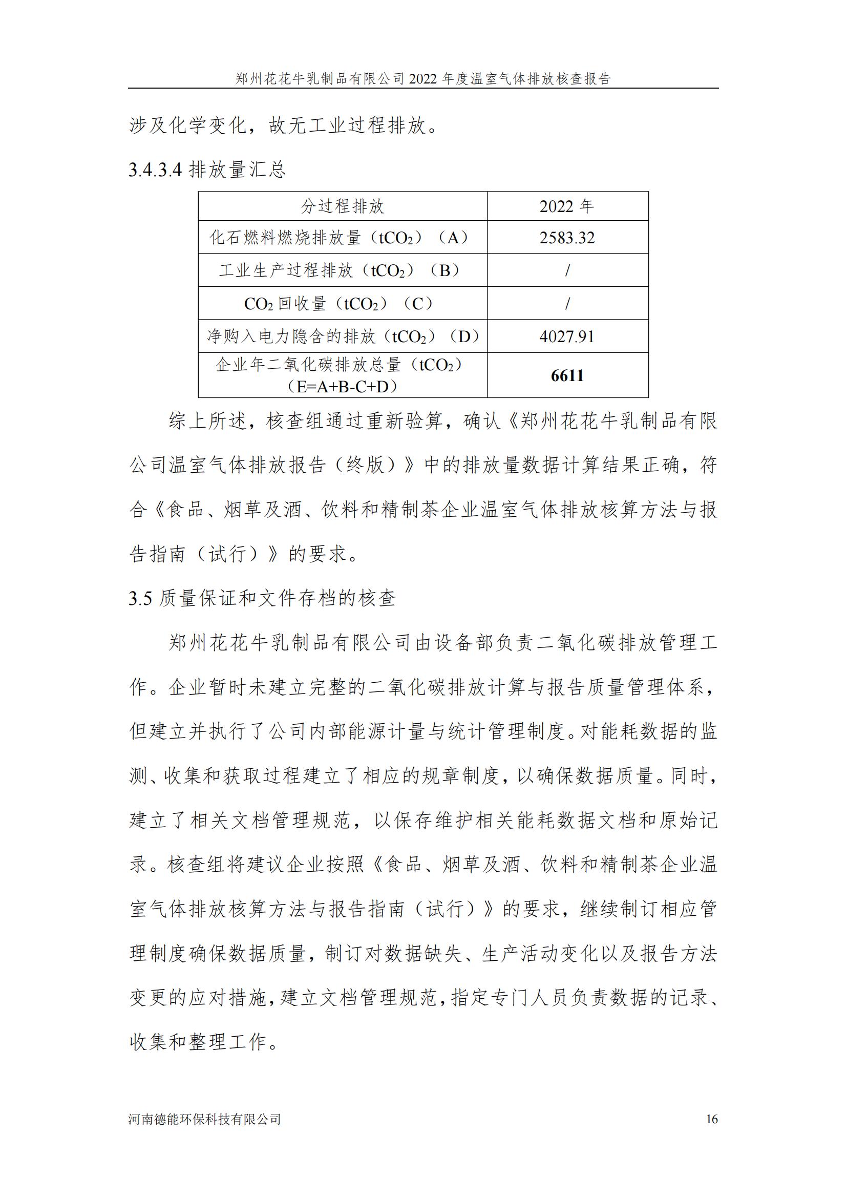 《郑州花花牛乳制品有限公司2022年度温室气体排放核查报告》公示